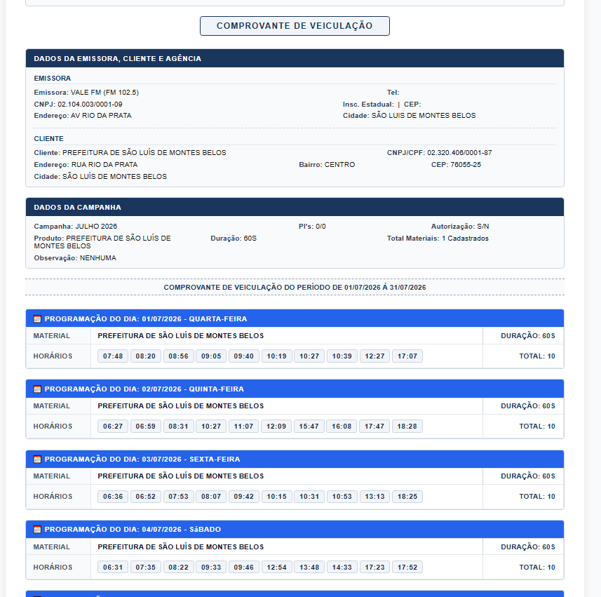 Comprovante de Veiculação - Visão Superior